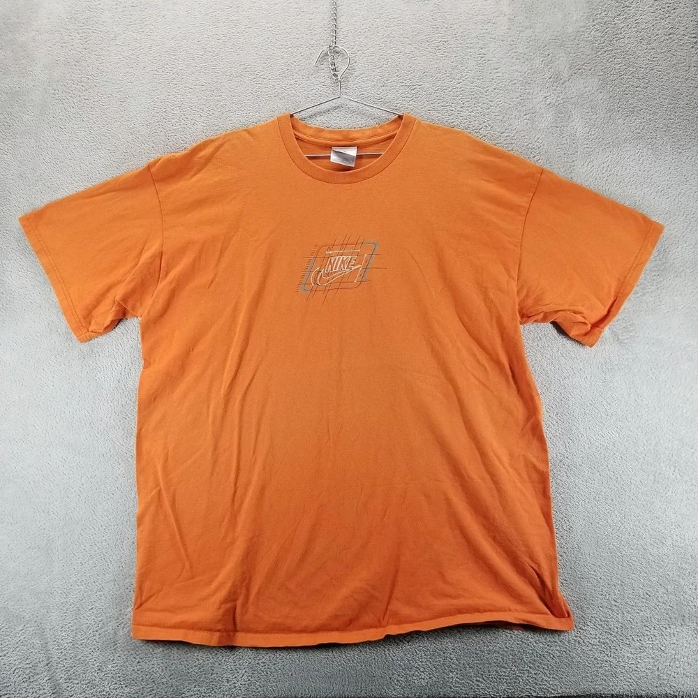 VTG Nike Shirt Mens 2XL Orange Center Swoosh‎ Grid Graphic Short Sleeve Tee Y2K